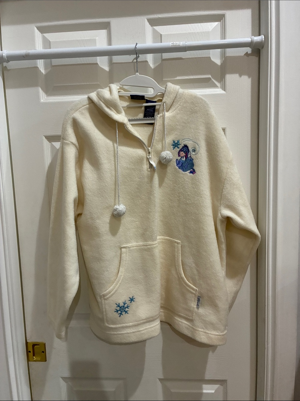 Cream Fleece Hooded Pullover Sweatshirt with Pom Drawstrings